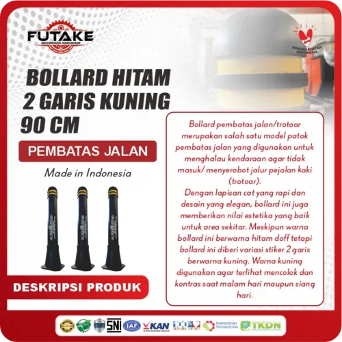 deskripsi Bollard Trotoar Hitam 2 Garis Kuning 90 cm