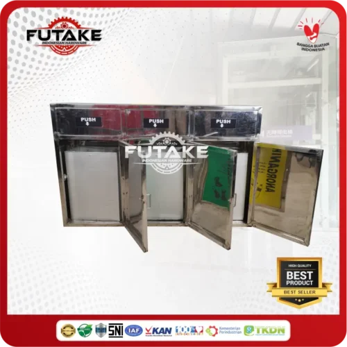 tampilan belakang tempat sampah stainless 3 in 1 indoor