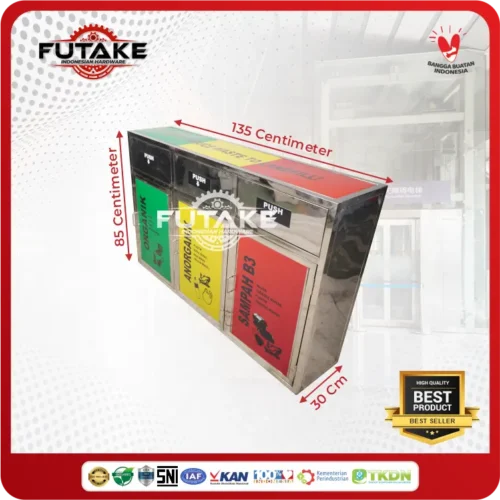 tampilan samping tempat sampah stainless 3 in 1 indoor