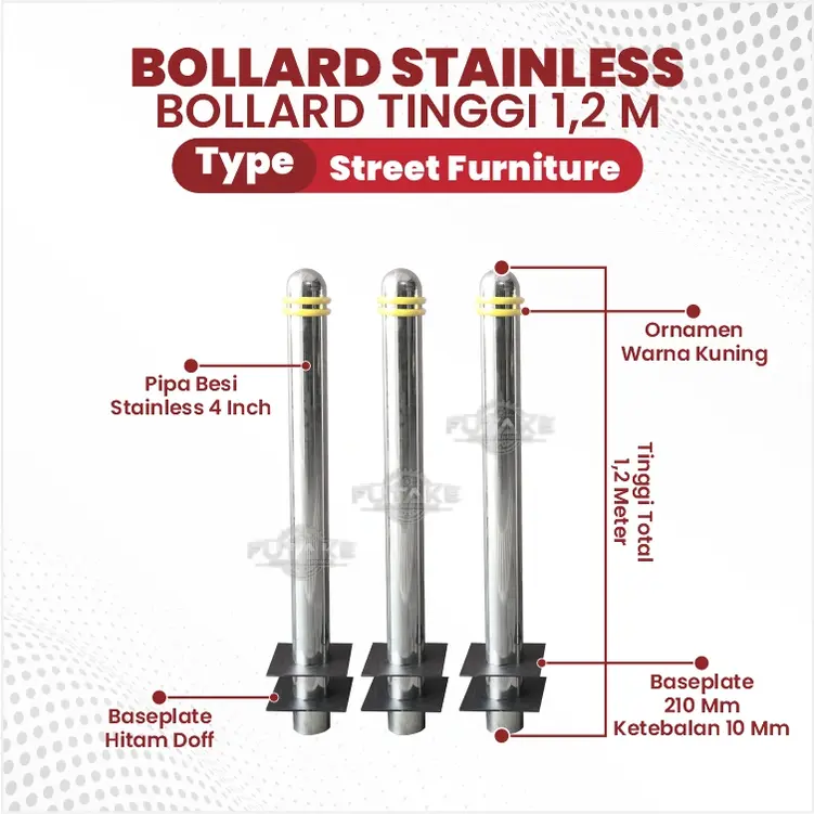 dimensi bollard jalan stainless 1,2 m