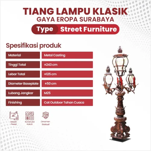 spesifikasi Tiang Lampu Surabaya Model Klasik Eropa