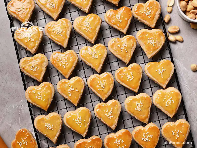 kue kacang tradisional kue lebaran dengan bentuk love atau hati dengan taburan wijen