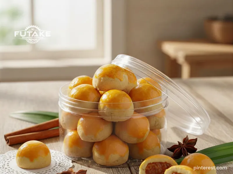 kue lebaran nastar isi selai nanas dengan warna kuning keemasan di dalam toples 