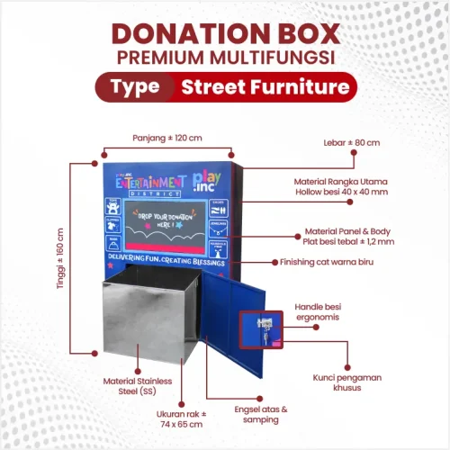 dimensi kotak donasi Entdis&Play.Inc