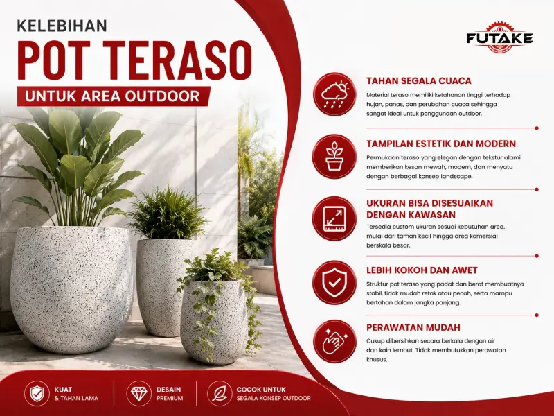 Kelebihan pot teraso untuk area outdoor yang tahan cuaca dan estetik