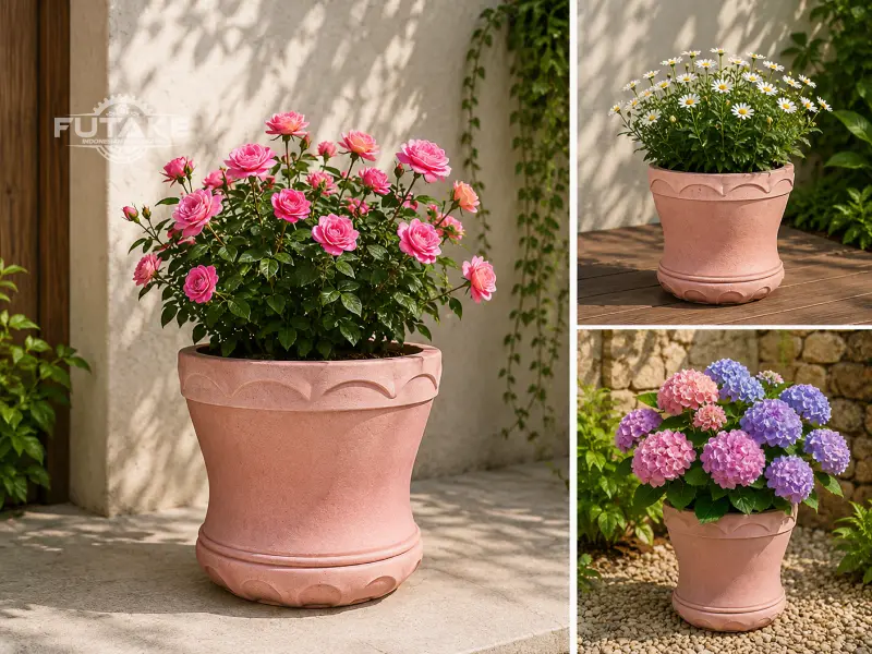 pot teraso motif relief pink dengan bunga warna pink dan ungu