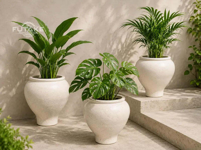 tiga pot teraso gentong guci clasic dengan tanaman