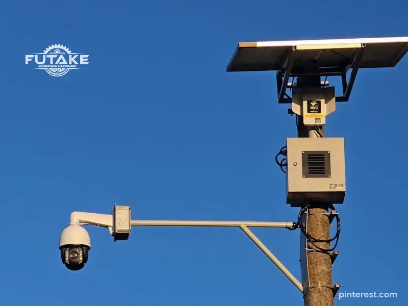 tiang lampu jalan dengan beban tambahan seperti CCTV dan panel