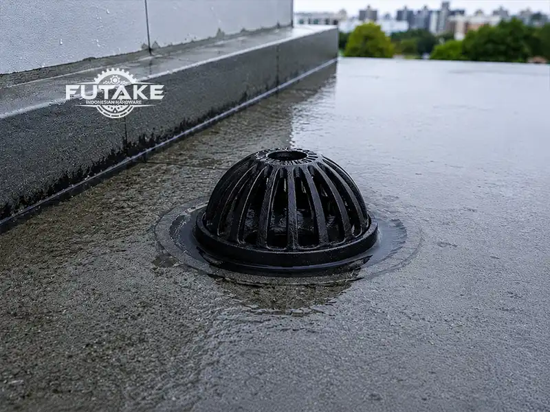 Roof drain tahan karat terpasang pada atap bangunan sebagai saluran pembuangan air hujan