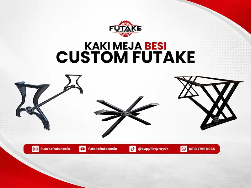 Produksi kaki meja besi custom Futake dengan desain sesuai kebutuhan, material berkualitas, dan proses fabrikasi profesional.