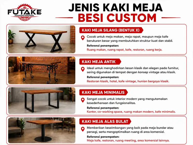 Infografis jenis kaki meja besi custom seperti kaki meja silang, antik, minimalis, dan alas bulat.