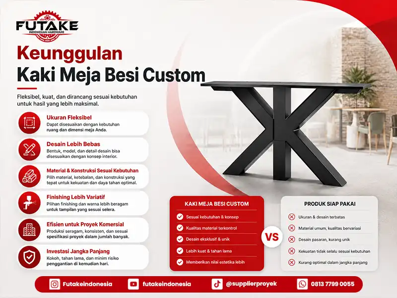 Infografis keunggulan kaki meja besi custom dibanding produk siap pakai dari sisi ukuran, desain, material, finishing, dan daya tahan.
