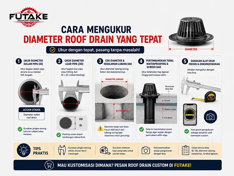 langkah-langkah atau cara mengukur diameter roof drain yang tepat
