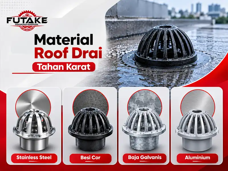 Perbandingan material roof drain seperti stainless steel, besi cor, galvanis, dan aluminium.