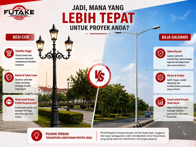 perbandingan tiang lampu besi cor dan baja galvanis untuk membantu menentukan material yang tepat.