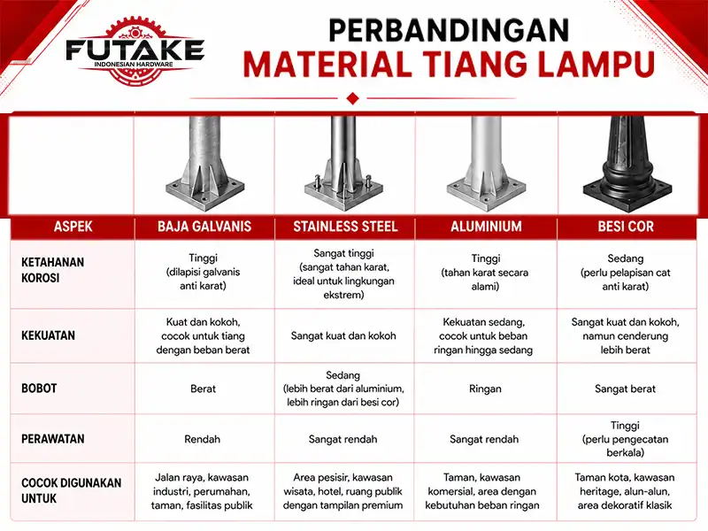nfografis yang menjelaskan mengapa pemilihan material tiang lampu menjadi faktor penting