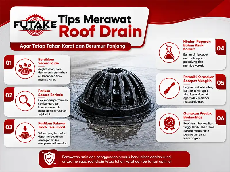 Ilustrasi perawatan roof drain dengan membersihkan saluran air agar tetap tahan karat.