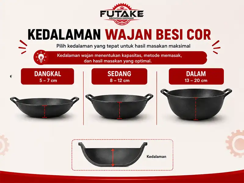 ukuran kedalaman wajan besi cor dapat dicustom bisa dangkal, sedang, serta dalam